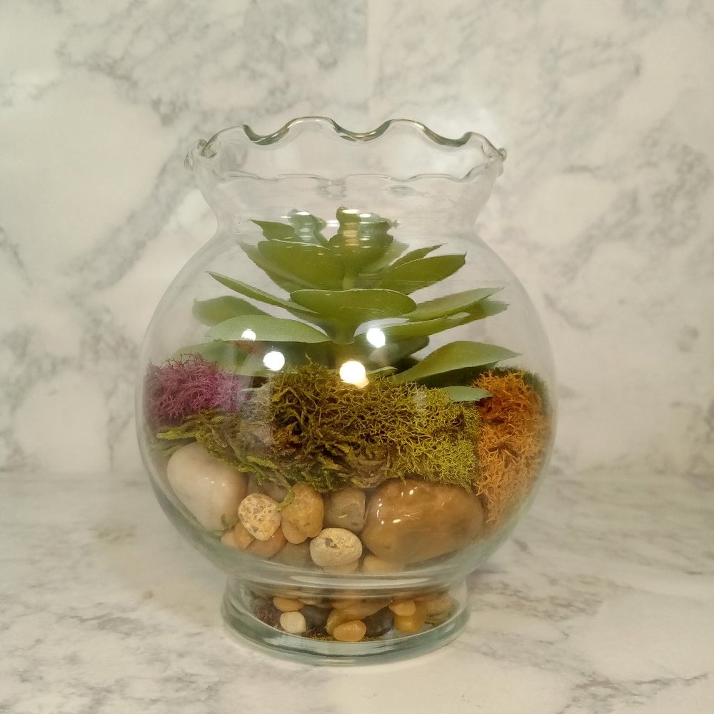 SOLD!! Vintage Faux Lush Succulent Terrarium Small Round Clear Glass Vase